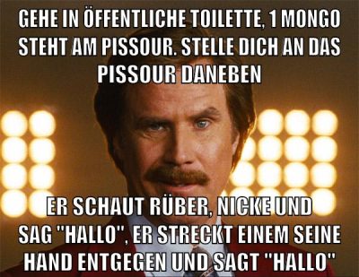 gehe in öffentliche toilette, 1 mongo steht am pissour. stelle dich an das pissour daneben er schaut rüber, nicke und sag "hallo", er streckt einem seine hand entgegen und sagt "hallo"
