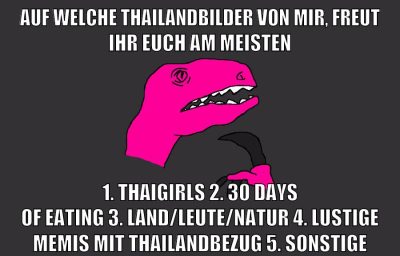 auf welche thailandbilder von mir, freut ihr euch am meisten 1. thaigirls 2. 30 days of eating 3. land/leute/natur 4. lustige memis mit thailandbezug 5. sonstige