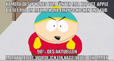 kamera des iphones zum fünten mal kaputt, apple bietet mir an mein iphone einzuschicken und für 90% des aktuellen marktpreises, würde ich ein nagelneues bekommen