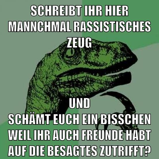 SCHREIBT IHR HIER MANNCHMAL RASSISTISCHES ZEUG UND SCHÄMT EUCH EIN BISSCHEN WEIL IHR AUCH FREUNDE HABT AUF DIE BESAGTES ZUTRIFFT?