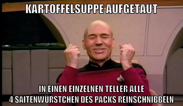 kartoffelsuppe aufgetaut in einen einzelnen teller alle 4 saitenwürstchen des packs reinschnibbeln