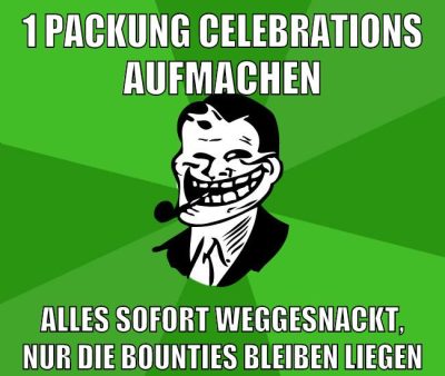 1 packung celebrations aufmachen alles sofort weggesnackt, nur die bounties bleiben liegen