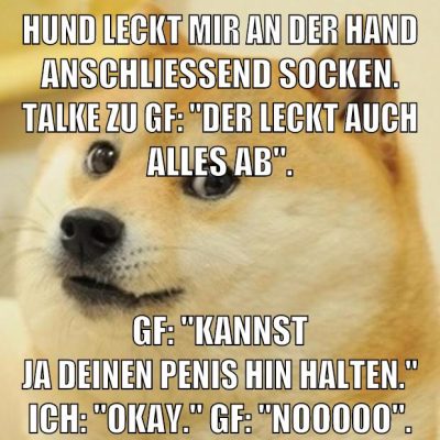 Hund leckt mir an der Hand anschließend Socken. Talke zu GF: "Der leckt auch alles ab". GF: "Kannst ja deinen Penis hin halten." Ich: "Okay." GF: "NOOOOO".
