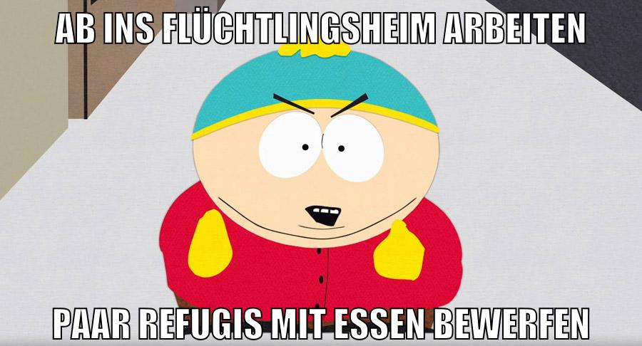 ab ins flüchtlingsheim arbeiten paar refugis mit essen bewerfen
