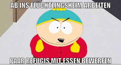 ab ins flüchtlingsheim arbeiten paar refugis mit essen bewerfen