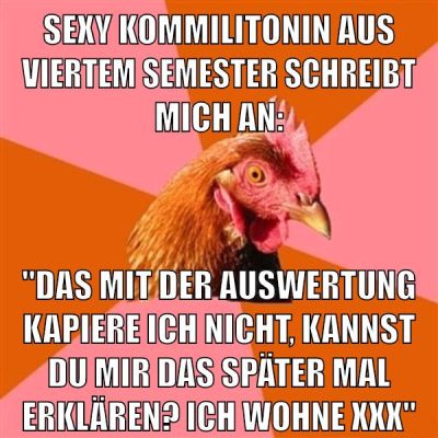 sexy kommilitonin aus viertem semester schreibt mich an: "das mit der auswertung kapiere ich nicht, kannst du mir das später mal erklären? ich wohne xxx"