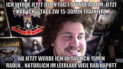 ich werde jetzt jeden tag 1 stunde radlm. jetzt hab ich 3 tage zw 15-30min trainiert ab jetzt werde ich 4x täglich 15min radln... natürlich im leerlauf weil rad kaputt