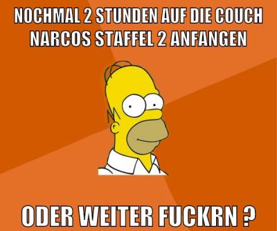 nochmal 2 stunden auf die couch narcos staffel 2 anfangen oder weiter fuckrn ?