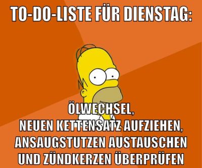 to-do-liste für dienstag: Ölwechsel, neuen Kettensatz aufziehen, Ansaugstutzen austauschen und zündkerzen überprüfen