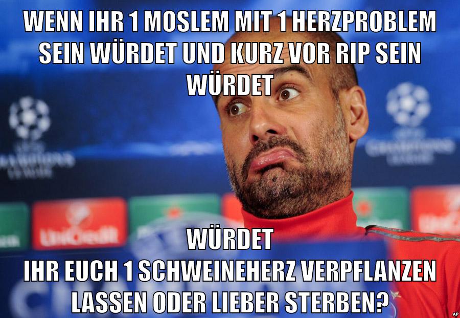 wenn ihr 1 moslem mit 1 herzproblem sein würdet und kurz vor rip sein würdet würdet ihr euch 1 schweineherz verpflanzen lassen oder lieber sterben?