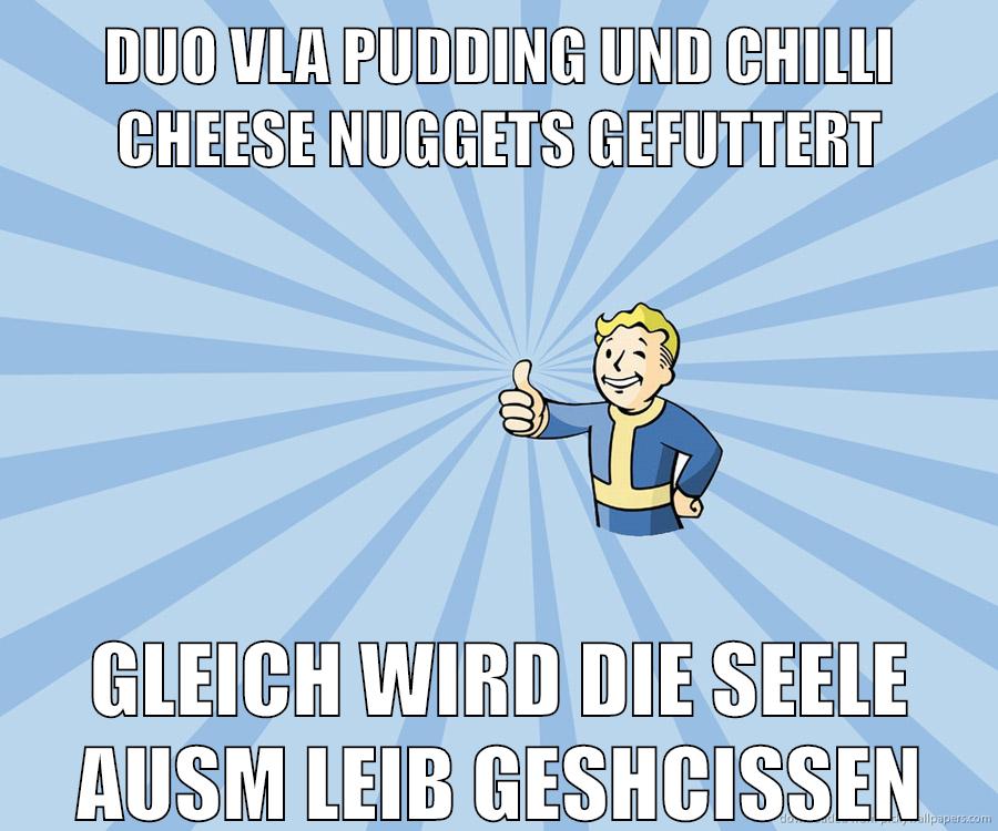 DUO VLA Pudding und Chilli cheese nuggets gefuttert gleich wird die Seele ausm leib geschissen